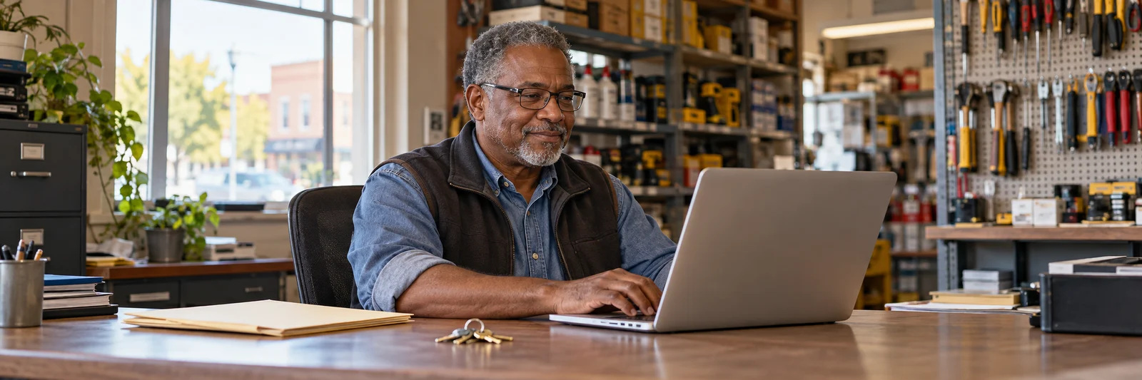 A hardware-store owner reviewing a laptop at his desk, with tools and shelves behind him.