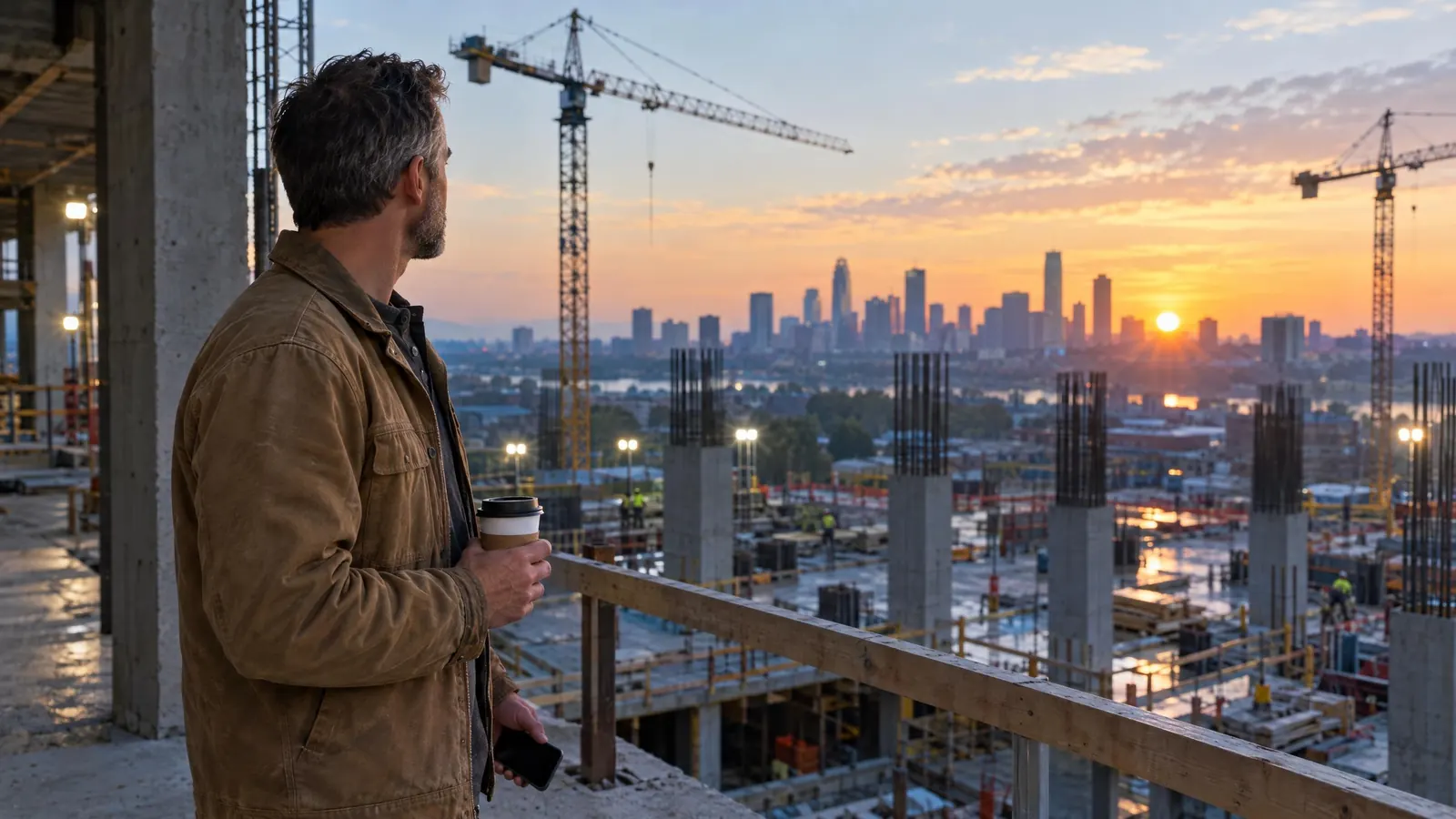 An executive overlooking a construction site at sunset, from Domaro’s website.