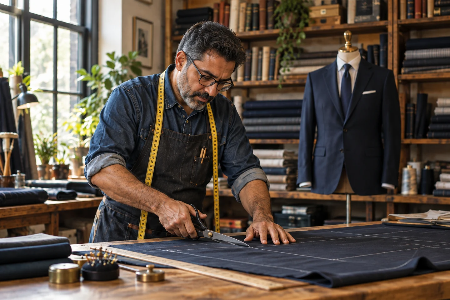 A Middle Eastern tailor measuring and cutting suit fabric in a sunlit tailoring studio.