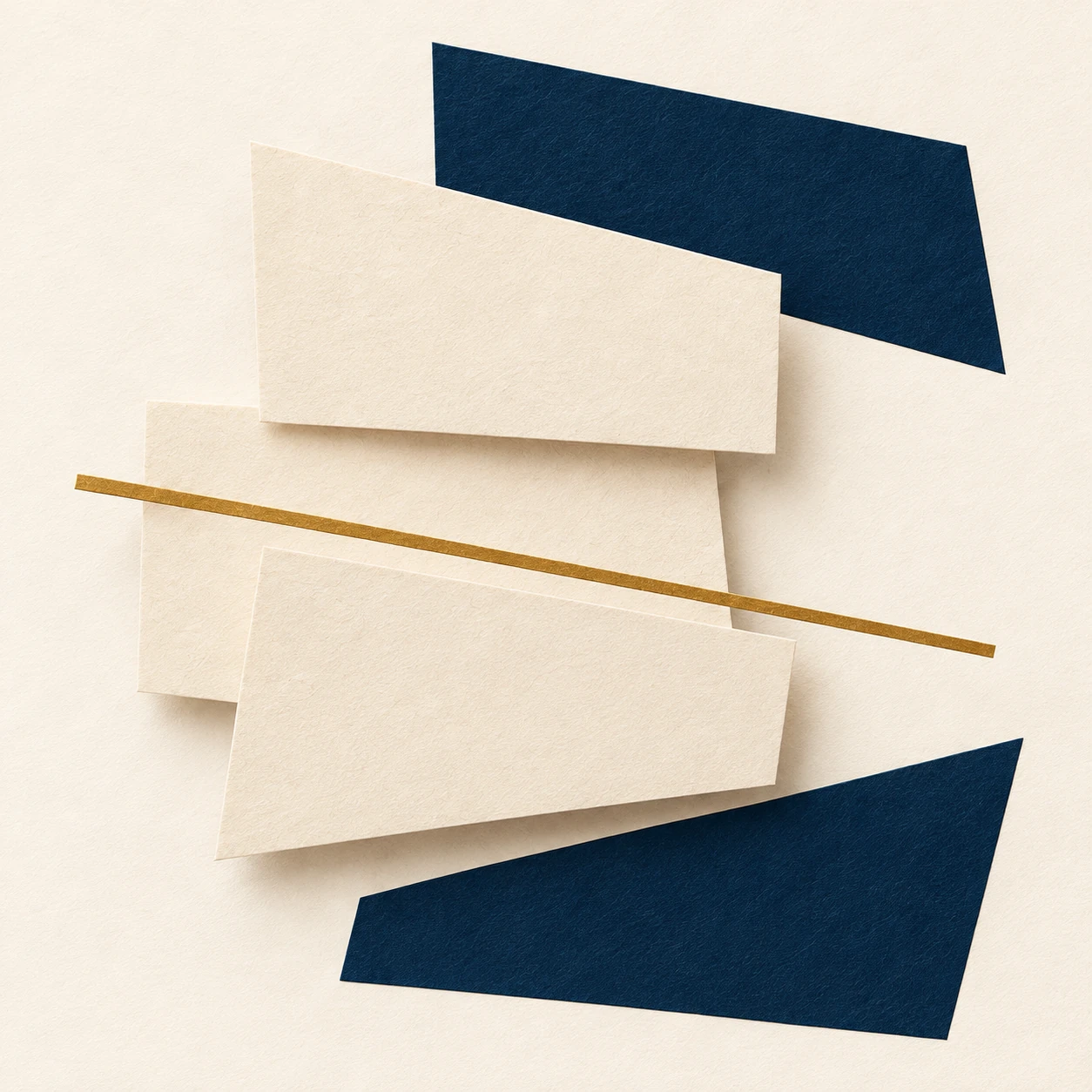 Abstract cream paper forms connected by a brass line between navy planes.