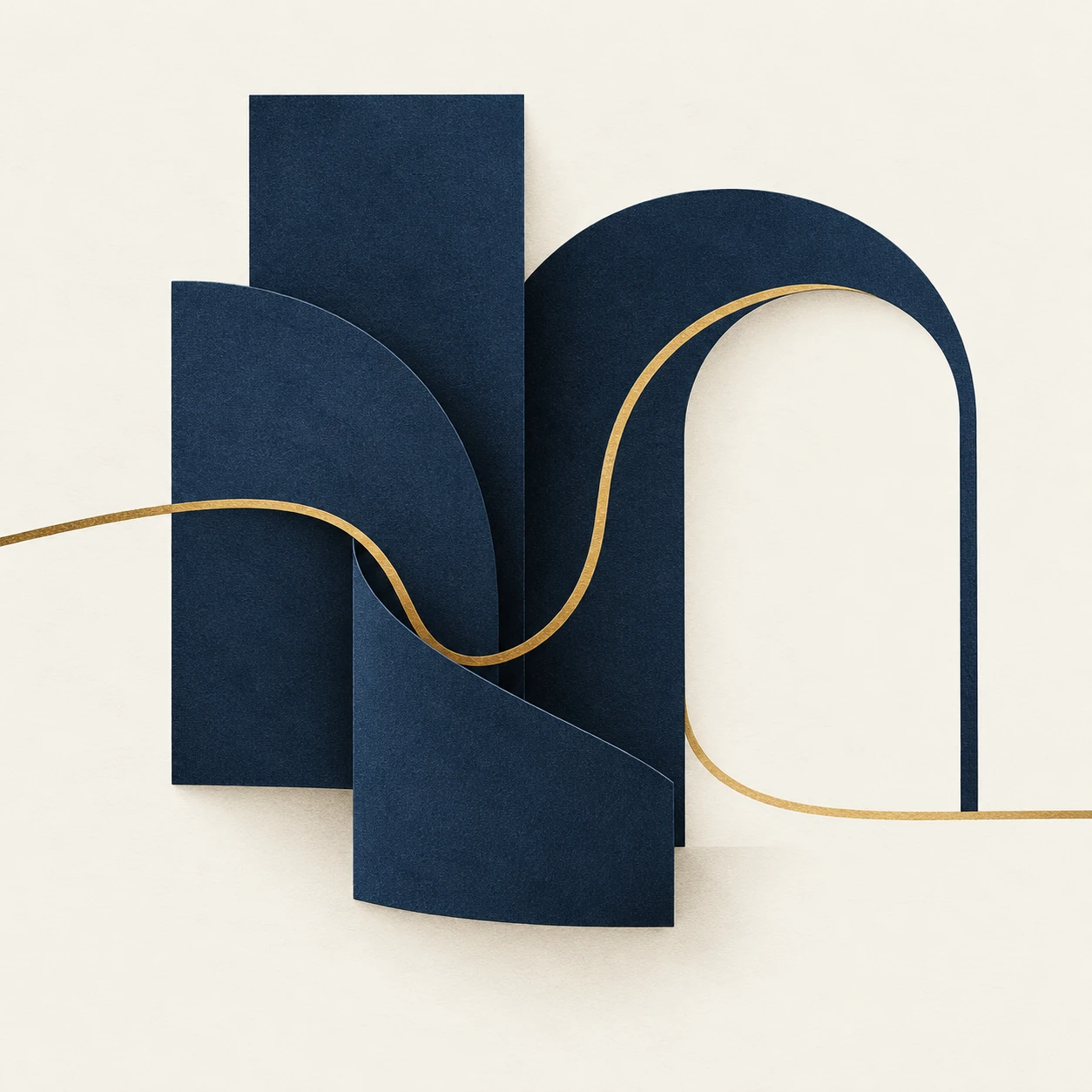 Abstract navy paper forms connected by a gold thread opening into a clear arch.