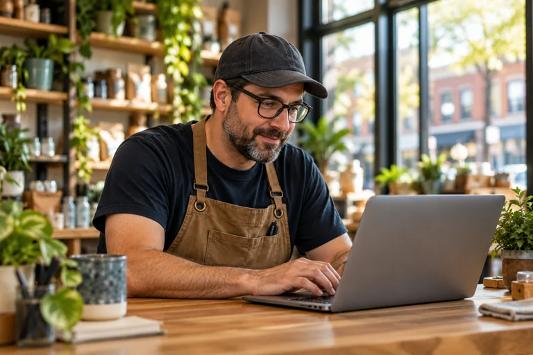 A shop owner working on a laptop at a wooden counter.