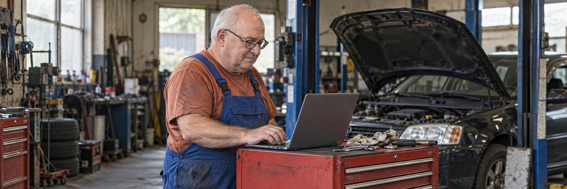 Illustrative photograph of a mechanic in blue overalls checking a laptop on a red tool cabinet in an auto garage.