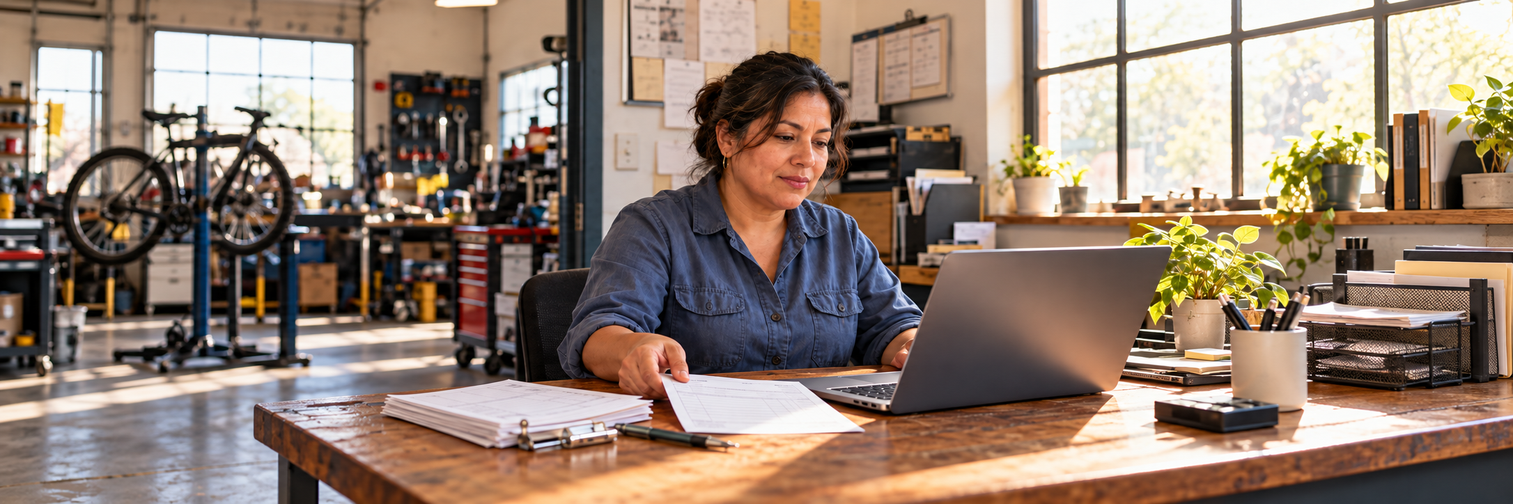 A business owner working at a laptop with paper job forms on a desk beside a repair workshop.